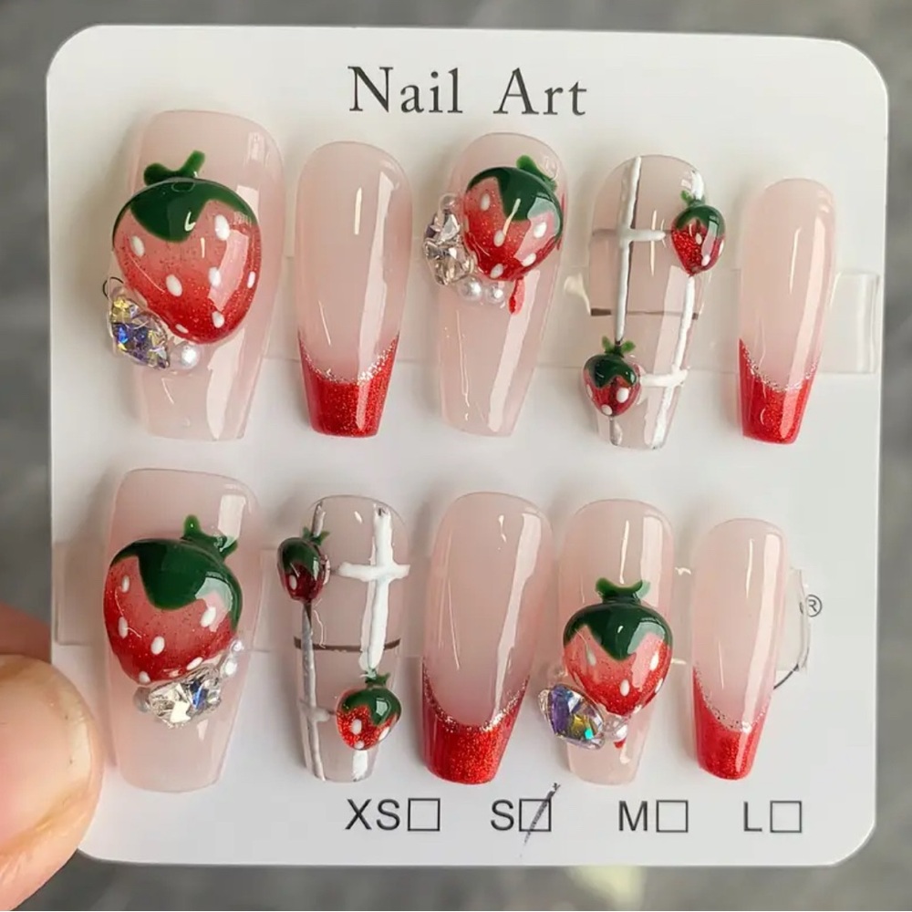 New Strawberry 3D Press On Nail Art Set rhinestone French tip coffin shape med